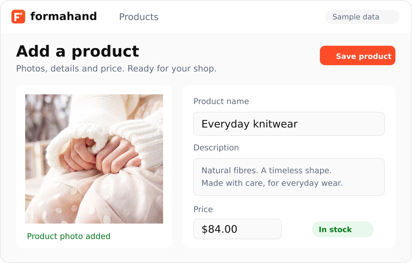 Example product editor with a knitwear photo, description and price